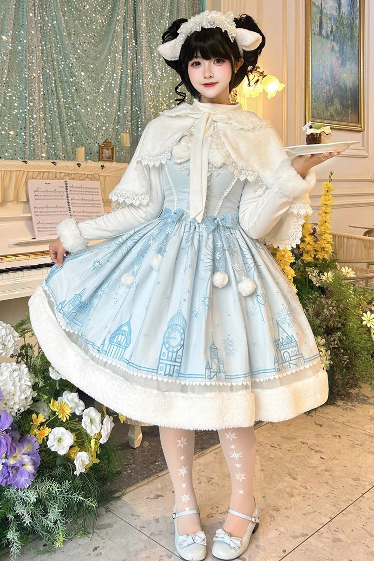 Blue [Snow Castle] Sleeveless Printed Embroidered Bow Lace Sweet Lolita Jsk Dress - Blue - 1