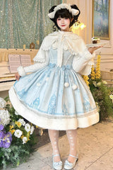 Blue [Snow Castle] Sleeveless Printed Embroidered Bow Lace Sweet Lolita Jsk Dress - Blue - 1