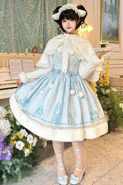 Blue Snow Castle Sleeveless Printed Embroidered Bow Lace Sweet (Dress Only) front view
