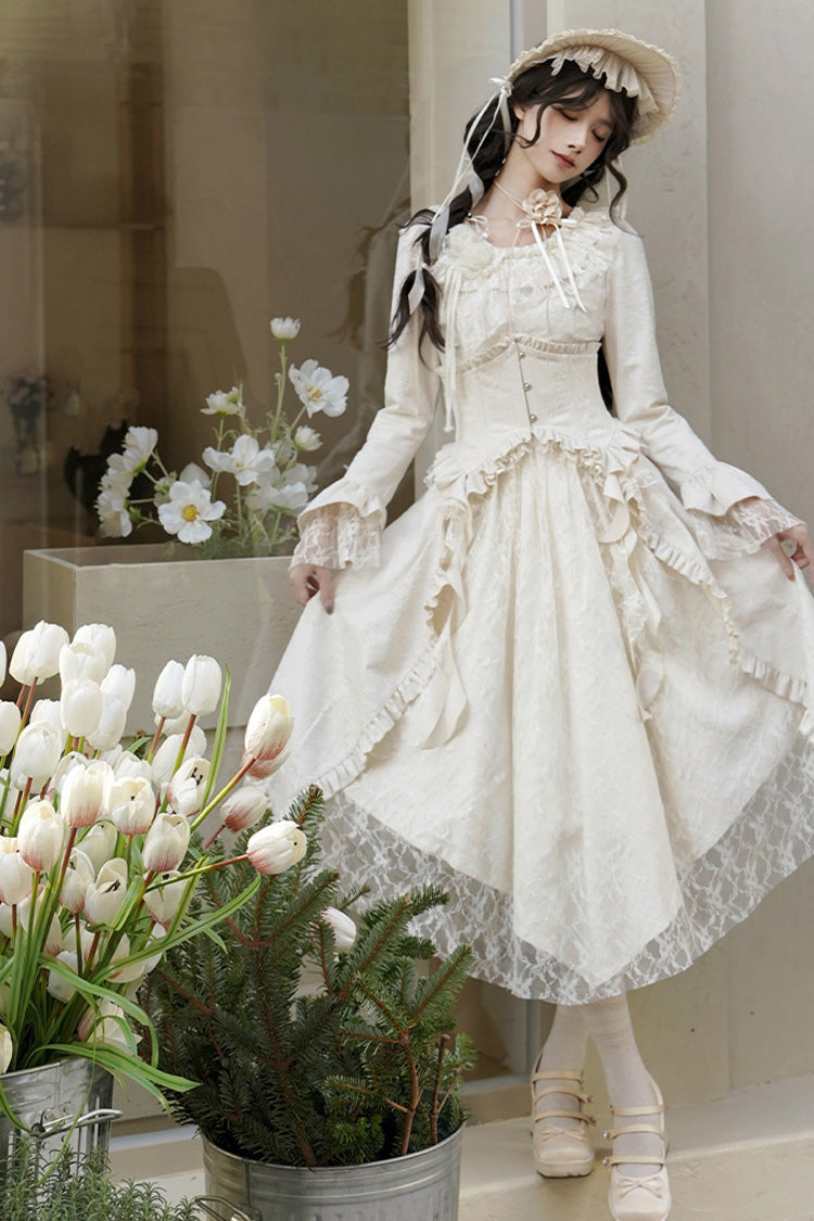 Ivory [White Tea] Long Sleeves Ruffle Bowknot Lace Irregular Classic Princess Lolita Dress - Product - 8