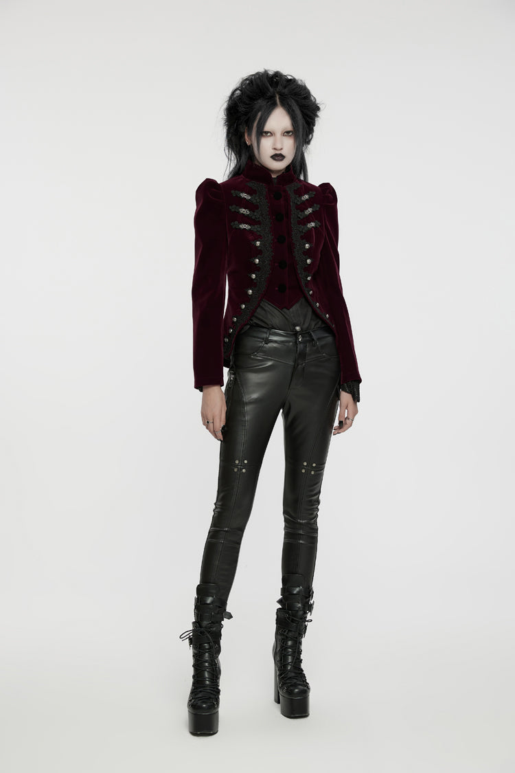 Red Stand Collar Long Sleeves Women's Gothic Swallowtail Coat - Product - 4