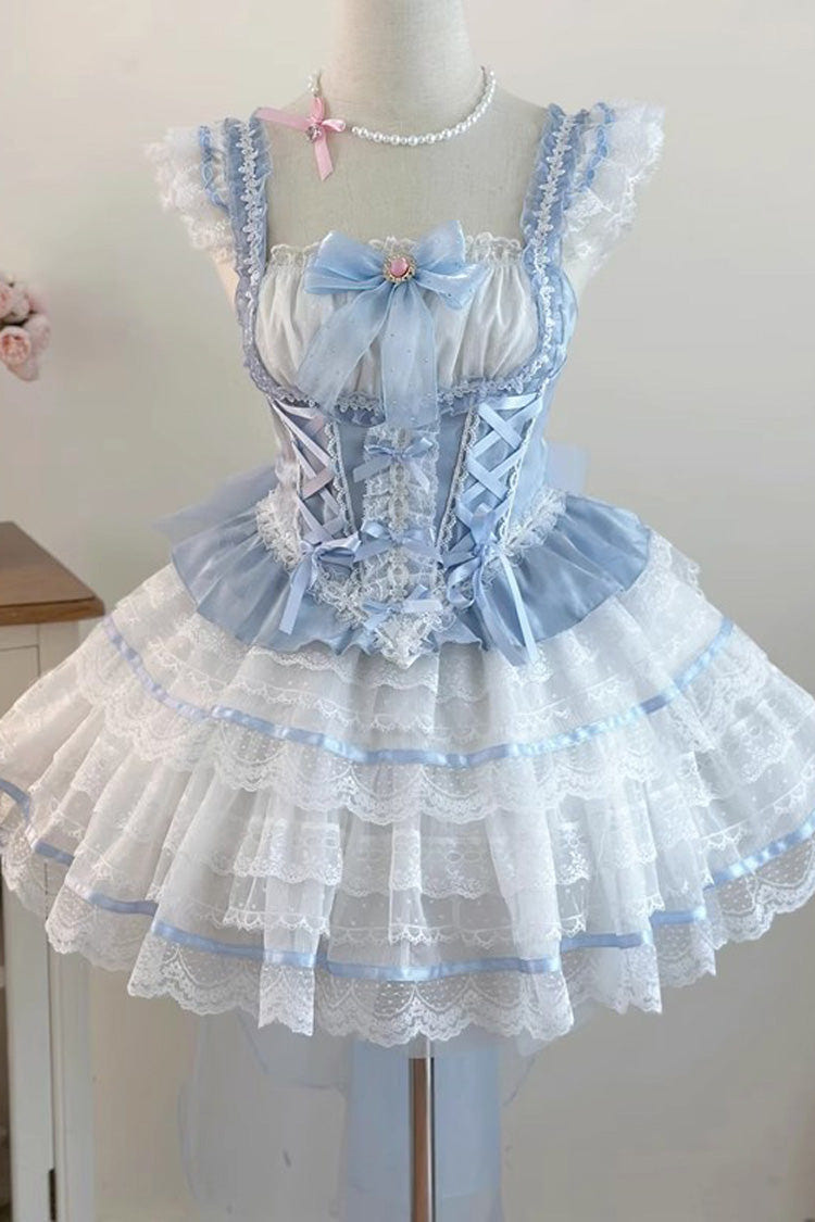 Blue [Girl Love] Double-Layered Bowknot Lace Sweet Ballet Lolita Skirt Set - Product - 3
