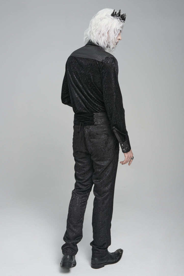 Black Lapel Collar Long Sleeves Print Embroidery Lace-Up Men's Gothic Blouse - Product - 9