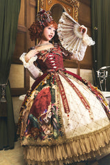 Red [Kaleidoscope of Dreams] Double-Layered Print Embroidery Bowknot Lace-Up Classic Vintage Gorgeous Lolita Dress - Product - 4