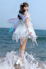 Blue [Summer of Bubbles] Sleeveless Ruffle Embroidery Lace Irregular Short Sweet Lolita Jsk Dress - Product - 4