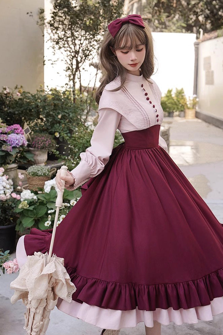 Rose Embroidery Long Sleeves Ruffle Bowknot Fake Two Pieces Elegant Lolita Dress 2 Colors - Product - 16