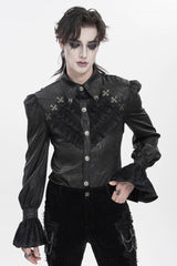 Black Cross Spider Turn-down Collar Long Trumpet Sleeves Printed Lace Men's Gothic Shirt - Product - 11
