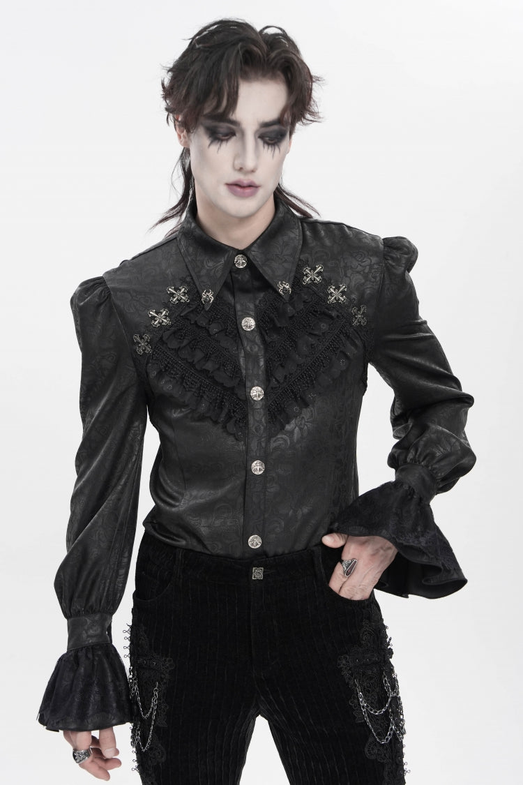 Black Cross Spider Turn-down Collar Long Trumpet Sleeves Printed Lace Men's Gothic Shirt - Product - 11