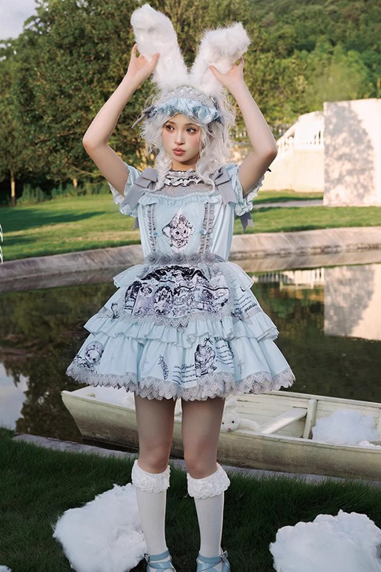 Light Blue Doll Theater Short Sleeves Print Ruffle Lace Sweet Lolita Dress - Product - 2