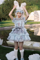 Light Blue Doll Theater Short Sleeves Print Ruffle Lace Sweet Lolita Dress - Product - 2