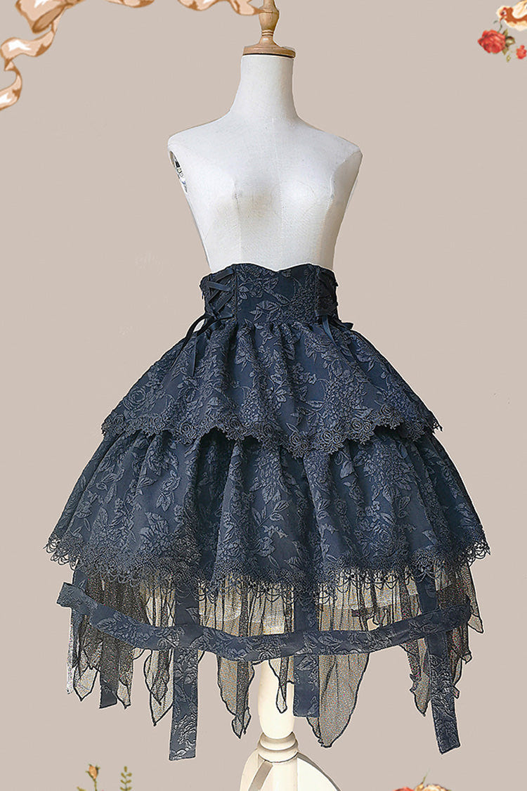 Black [Apprentice Witch] Double-Layered Ruffle Lace Gothic Lolita Skirt - Product - 13