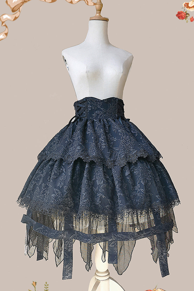 Black [Apprentice Witch] Double-Layered Ruffle Lace Gothic Lolita Skirt - Product - 13