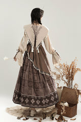 Brown [Mysterious Tribe] Long Lantern Sleeves Print Ruffle Asymmetric Sweet Chinese Style Lolita Dress - Product - 3