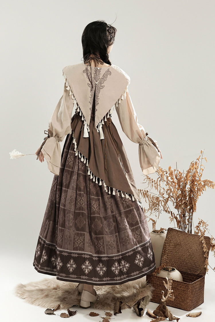 Brown [Mysterious Tribe] Long Lantern Sleeves Print Ruffle Asymmetric Sweet Chinese Style Lolita Dress - Product - 3