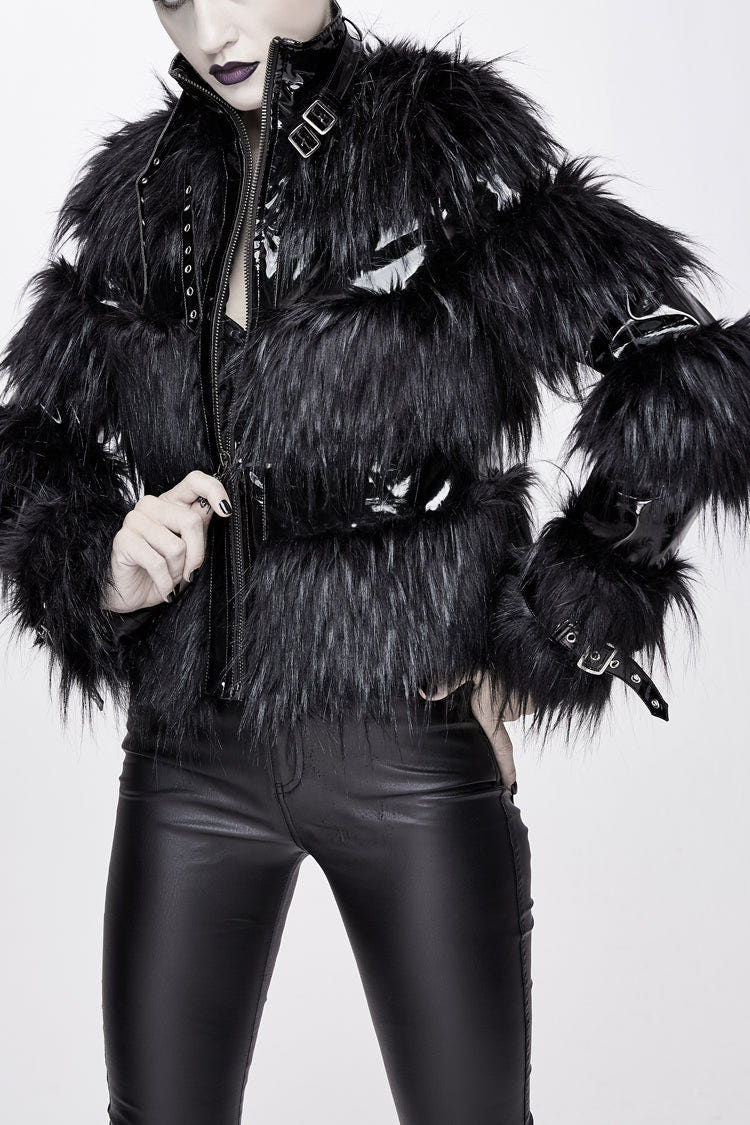 Black Metal Buckle Loop Stand Up Collar Splice Patent Leather Woolen Women's Punk Coat - Black - 1