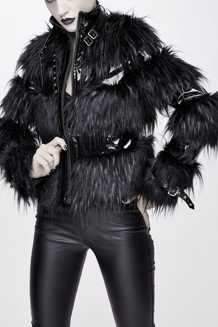 Black Metal Buckle Loop Stand Up Collar Splice Patent Leather Woolen Women's Punk Coat - Black - 1