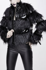 Black Metal Buckle Loop Stand Up Collar Splice Patent Leather Woolen Women's Punk Coat - Black - 1
