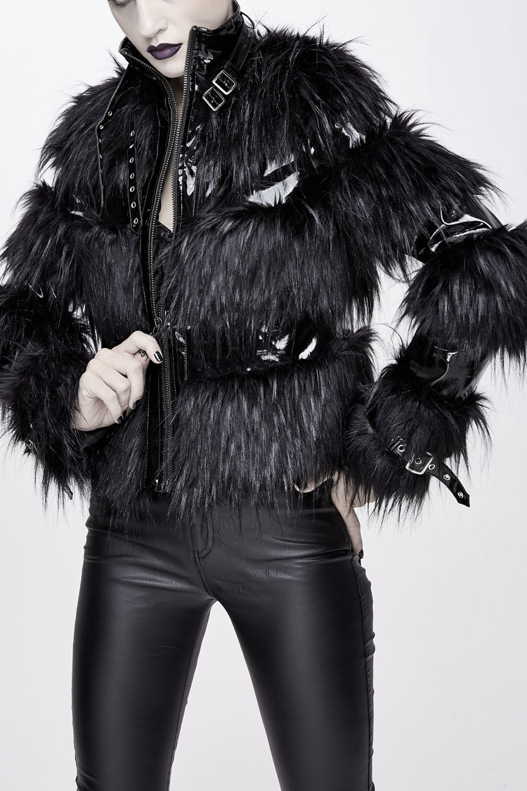 Black Metal Buckle Loop Stand Up Collar Splice Patent Leather Woolen Women's Punk Coat - Black - 1