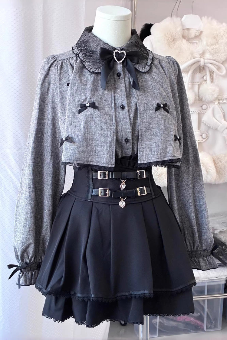 Black/Grey Long Sleeves Ruffled Belt Buckle Japanese Jirai Kei Set - Black/Grey - 1