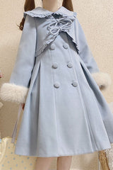Blue Double Breasted Bowknot Plush Long Sleeves Fake Two-Piece Woolen Lolita Coat - Product - 6
