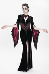 Black/Red V Collar Long Trumpet Sleeves Floral Embroidered Velvet Women's Gothic Dress - Product - 9
