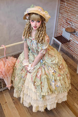 Green [Cat Rose Tea] Short Sleeves Print Ruffle Cardigan Bowknot Daily Sweet Lolita Dress - Product - 7