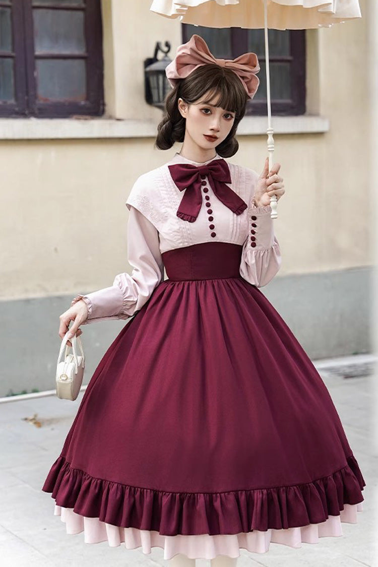 Rose Embroidery Long Sleeves Ruffle Bowknot Fake Two Pieces Elegant Lolita Dress 2 Colors - Product - 14
