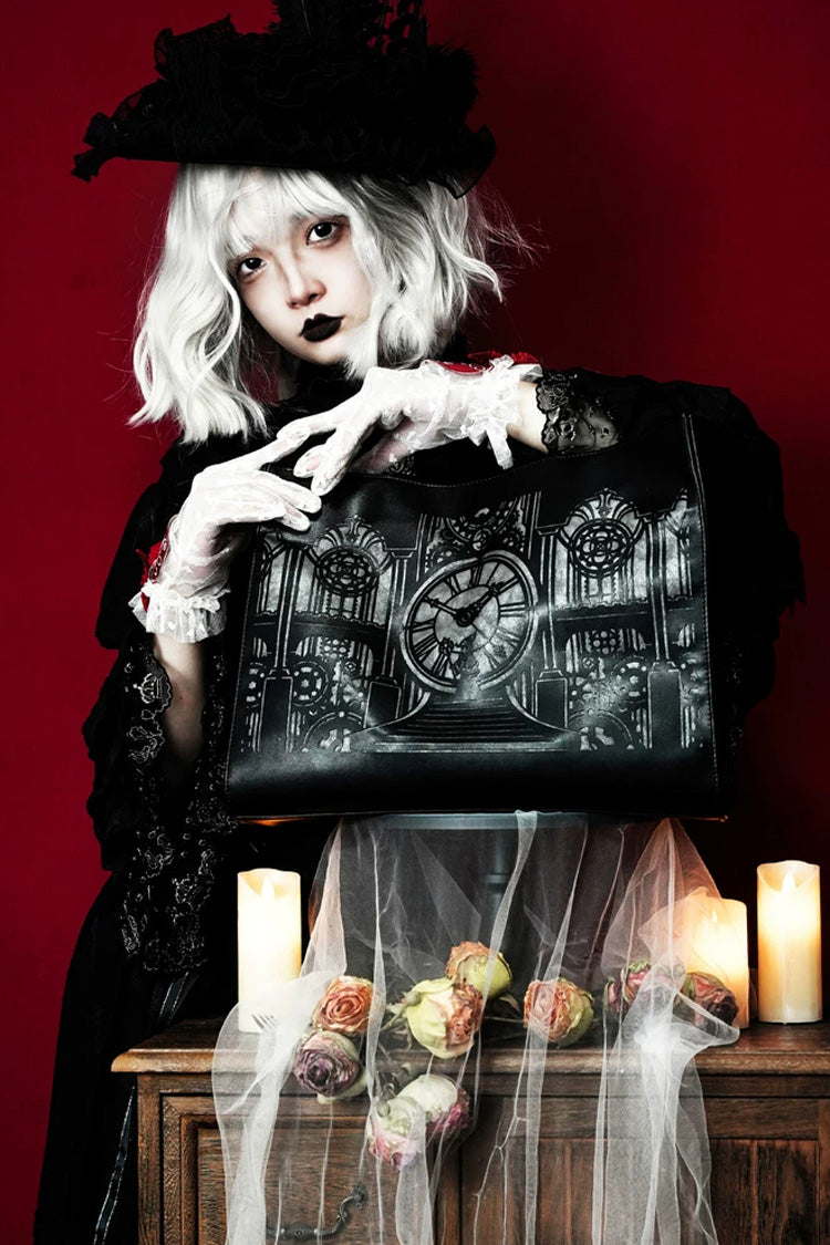 Black [Clock Tower] Printed Gothic Lolita Handbag - Product - 3