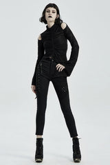 Buttonhole Drawstring Stitching Lace-Up Mesh Women's Steampunk Skinny Jeans Pants 2 Colors - Product - 12