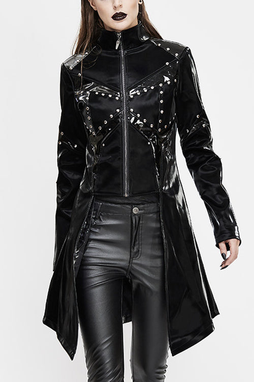 Black Rivet Bright Leather Zipper Long Womens Punk Coat - Black - 1