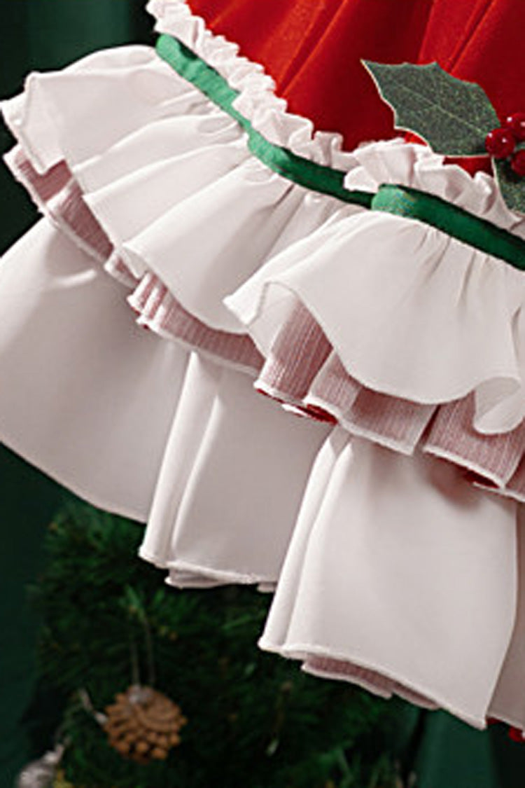 Red [Emma Woods Gardener] Stand Collar Short Sleeves Multi-Layered Ruffled Bow Christmas Sweet Lolita Dress - Product - 5