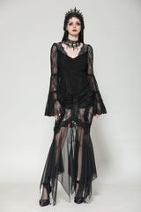 Black Women's Gothic V Collar Long Flared Sleeves Lace Patchwork Blouse - Product - 7