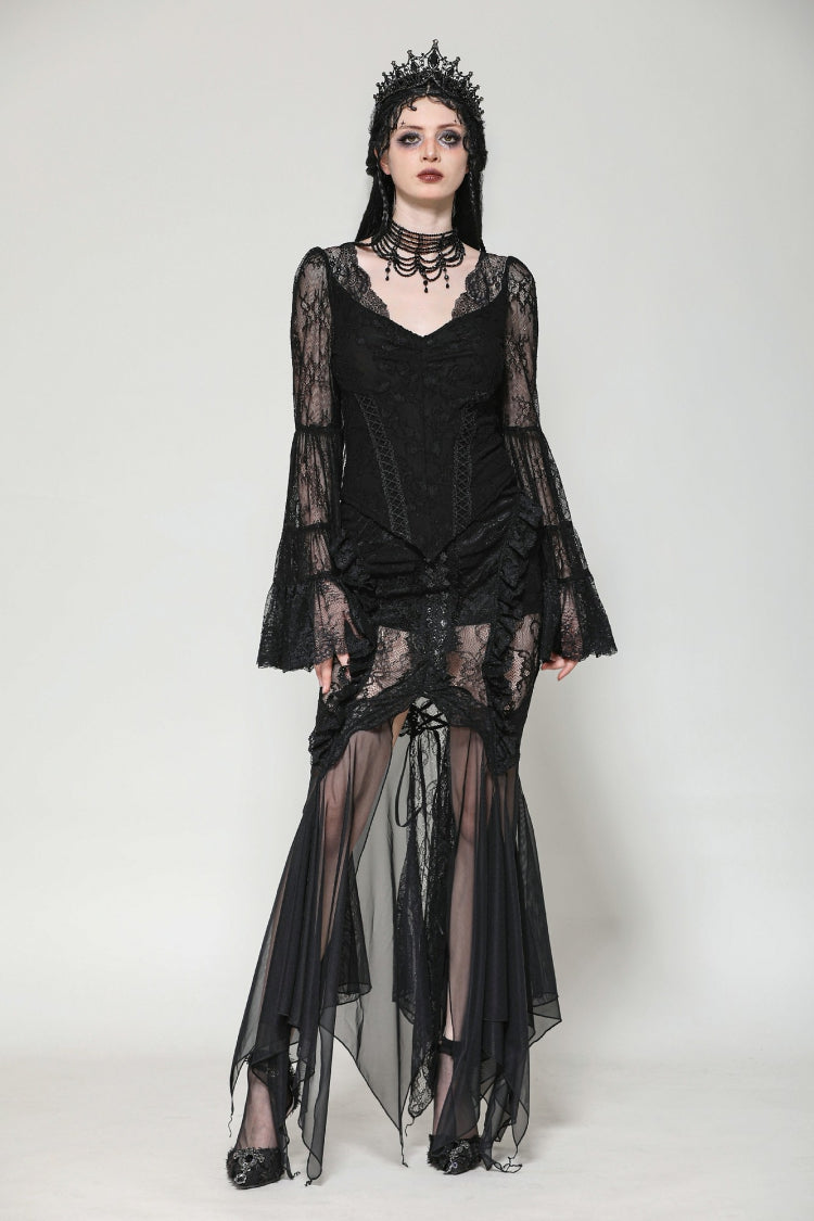 Black Women's Gothic V Collar Long Flared Sleeves Lace Patchwork Blouse - Product - 7