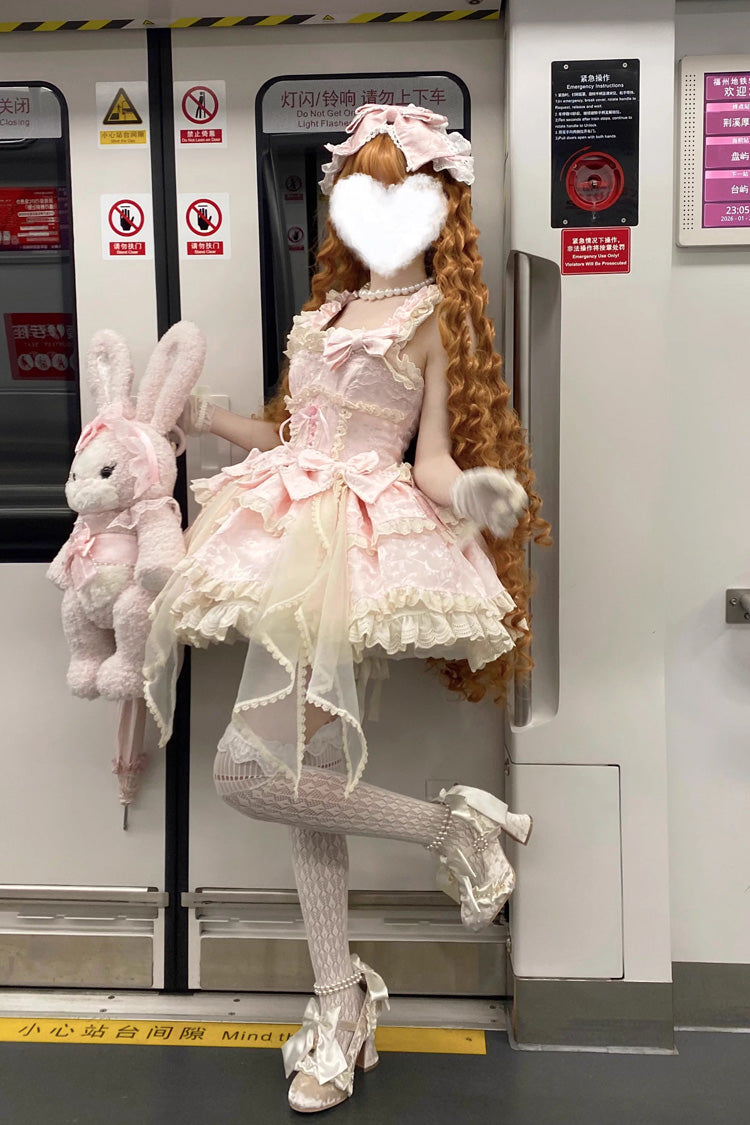 Pink Sleeveless Multi-Layered Ruffled Bow Sweet Princess Ballet Lolita Jsk Dress - Product - 8