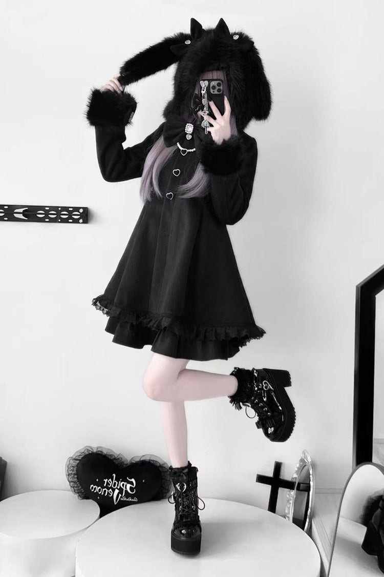 Black Long Sleeves Bowknot Rabbit Ears Detachable Hooded Japanese Jirai Kei Coat - Product - 2