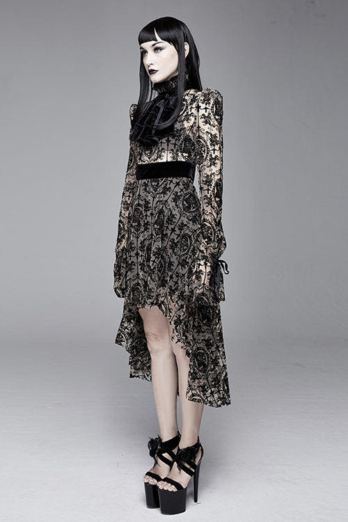 Apricot See Through Printed Long Sleeves Velvet Belted Womens Gothic Dress With Tie - Product - 2
