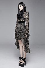 Apricot See Through Printed Long Sleeves Velvet Belted Womens Gothic Dress With Tie - Product - 2