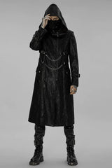 Black Stand Collar Print Asymmetric Metal Chain Zip Mens Steampunk Coat - Black - 1