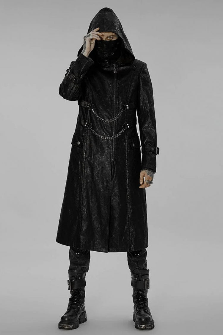 Black Stand Collar Print Asymmetric Metal Chain Zip Mens Steampunk Coat - Black - 1