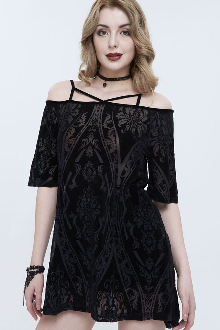 Black Print Front Long Back Side Slit Off The Shoulder Women's Punk Dress - Product - 2