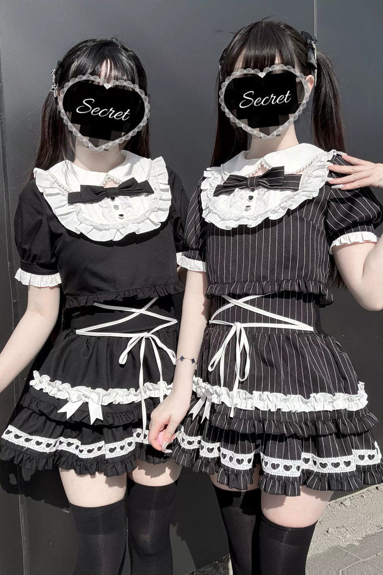 ブラック [Starry Tulle] 丸襟 半袖 二層 フリル リボン ゴシック 地雷系 和風 スカートセット 商品画像