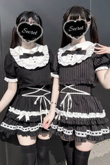 Black [Starry Tulle] Doll Collar Short Sleeves Double-Layered Ruffled Bow Gothic Jirai Kei Japanese Skirt Set - Product - 4