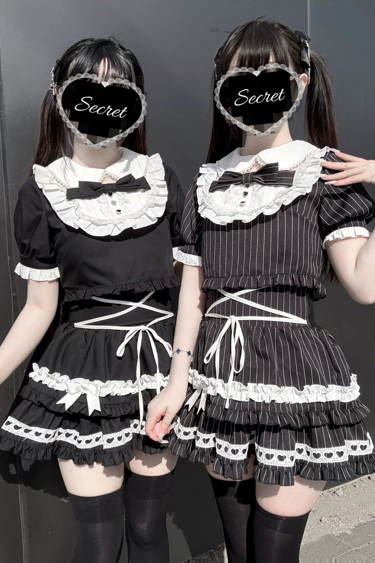 Black [Starry Tulle] Doll Collar Short Sleeves Double-Layered Ruffled Bow Gothic Jirai Kei Japanese Skirt Set - Product - 4