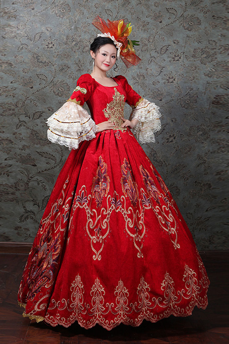 Red Multi-Layer Trumpet Sleeves Half Sleeves High Waisted Embroidery Print Victorian Lolita Prom Dress - Product - 2