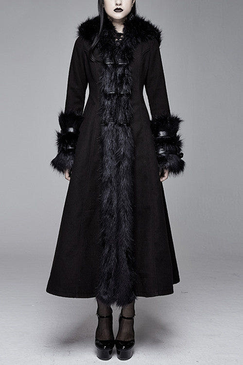 Black Gothic Double Faced Woolen Hooded Long Sexy Women Coat - Black - 1