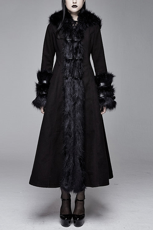 Black Gothic Double Faced Woolen Hooded Long Sexy Women Coat - Black - 1
