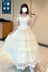 Apricot [Moonlight Poems] Triple-Layered Jacquard Ruffle Bowknot Lace Sweet Elegant Princess Lolita Jsk Dress - Product - 5
