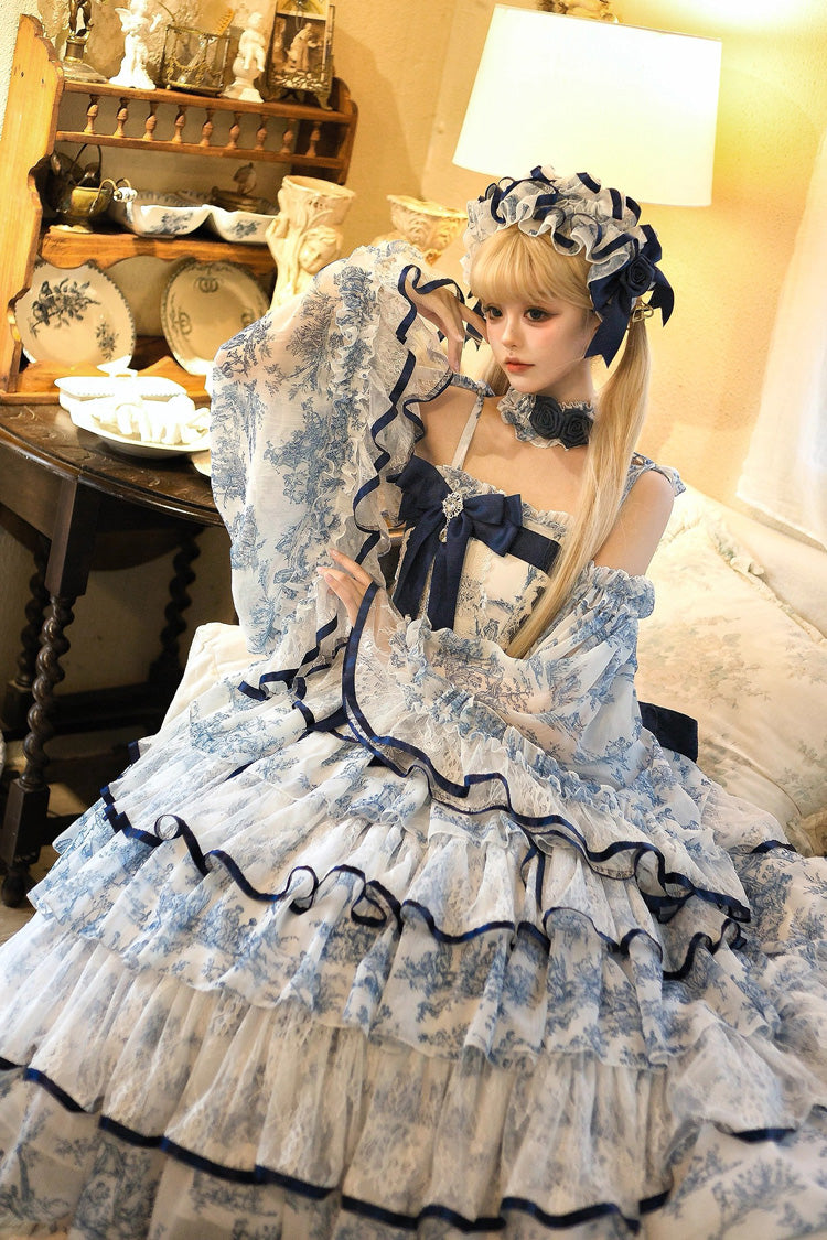 Blue/White Sleeveless Multi-Layered Print Bowknot Fishbone Sweet Classic Chinese Style Lolita Jsk Long Dress - Product - 8