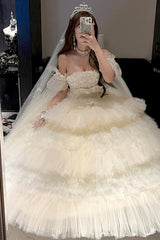 White [Maiden’s Love] Off Shoulder Triple-Layered Ruffled Hanayome Bow Lace Sweet Princess Lolita Dress - Product - 9