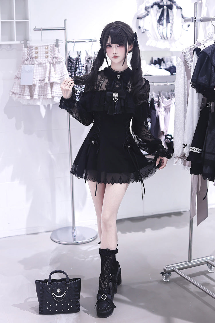 Black [Lace Doll] Round Collar Long Sleeves Ruffled Cut-Out Embroidered Bow Lace Gothic Jirai Kei Japanese Dress - Product - 7